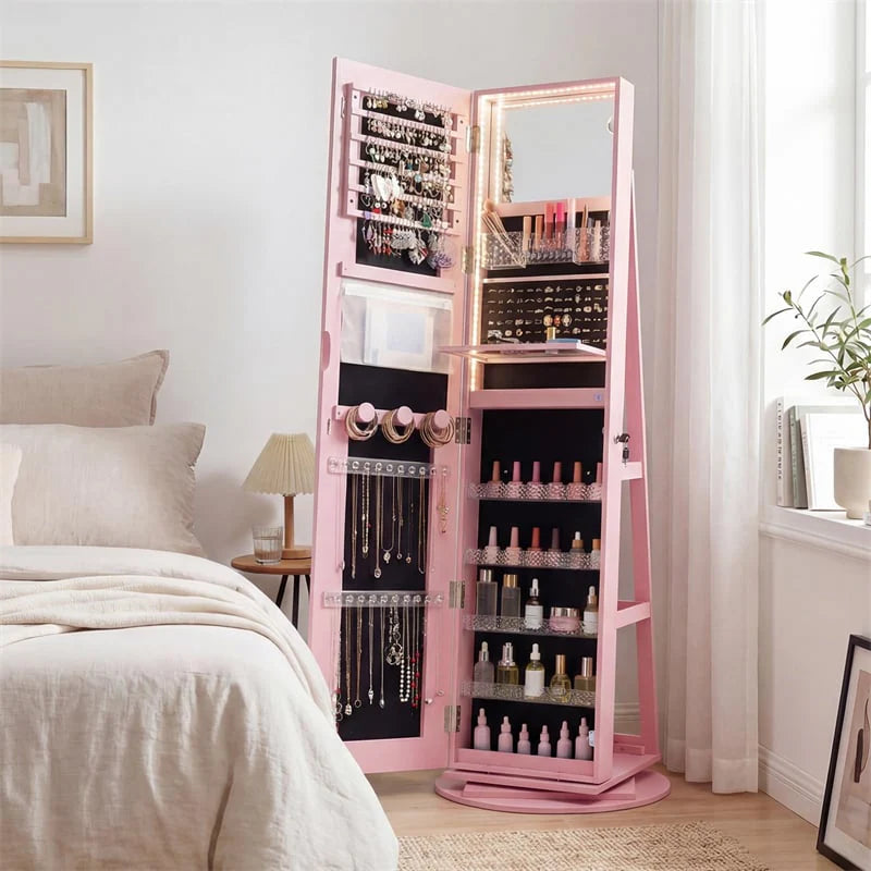 360° Swivel Jewelry Cabinet Armoire w/ Full Length Mirror 3-Color LED Lights & Rear Shelves, Lockable Standing Jewelry Storage Organizer