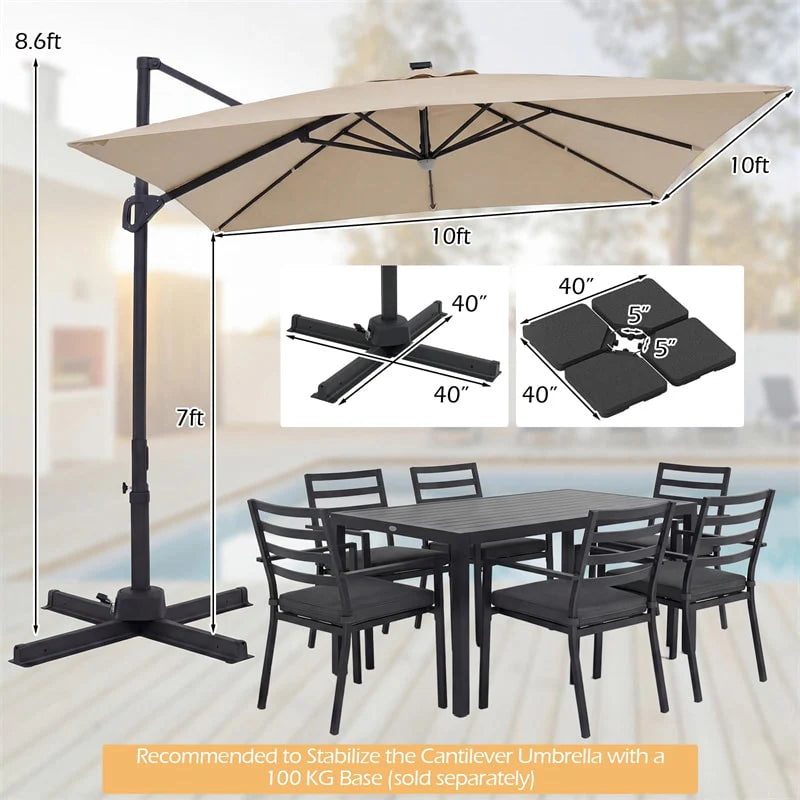10 FT Cantilever Patio Umbrella with 32 Solar LED Lights, 360° Rotation & Easy Tilt, Square Outdoor Offset Hanging Umbrella with Cross Base