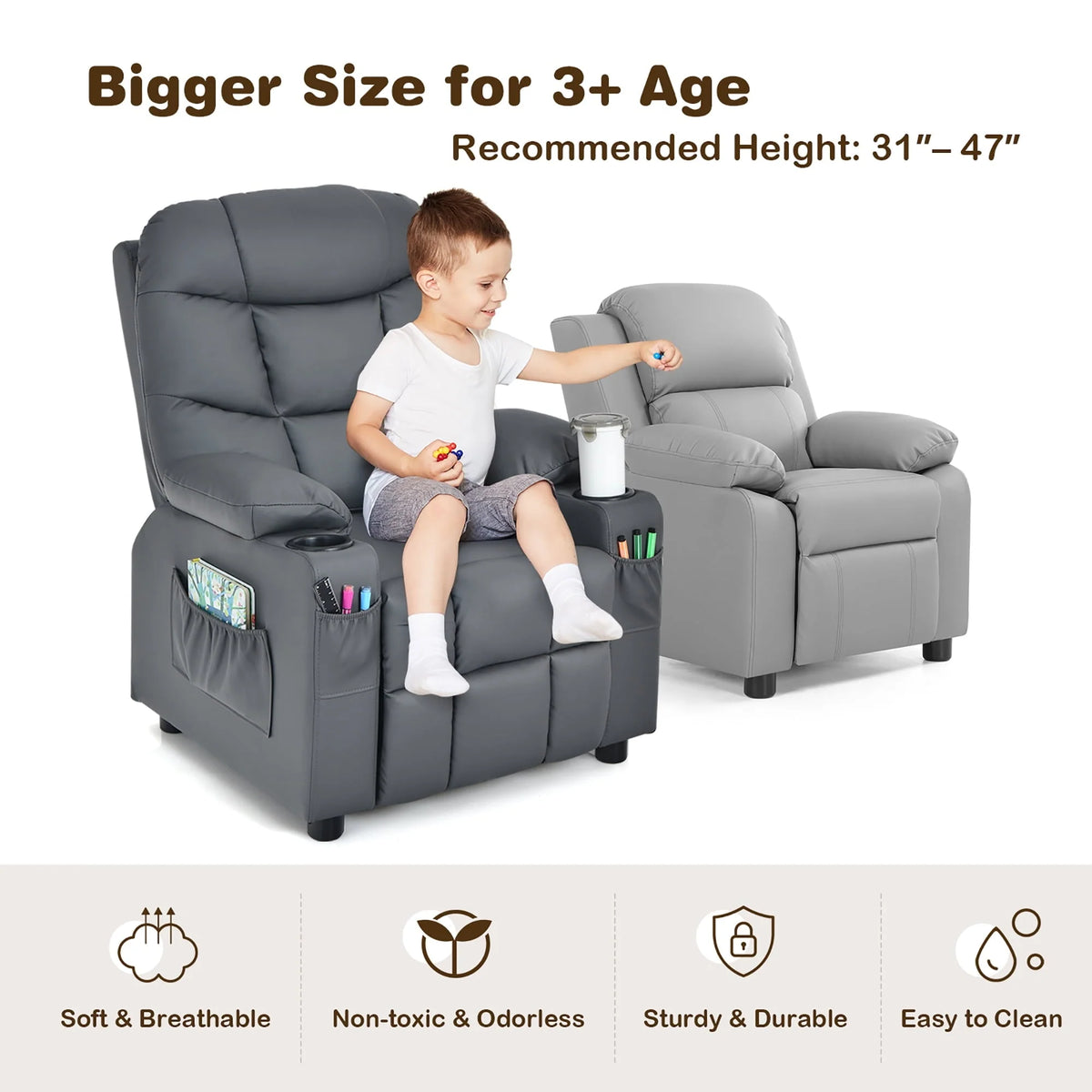 Costway Kids Youth Recliner Chair PU Leather W/Cup Holders & Side Pockets Grey