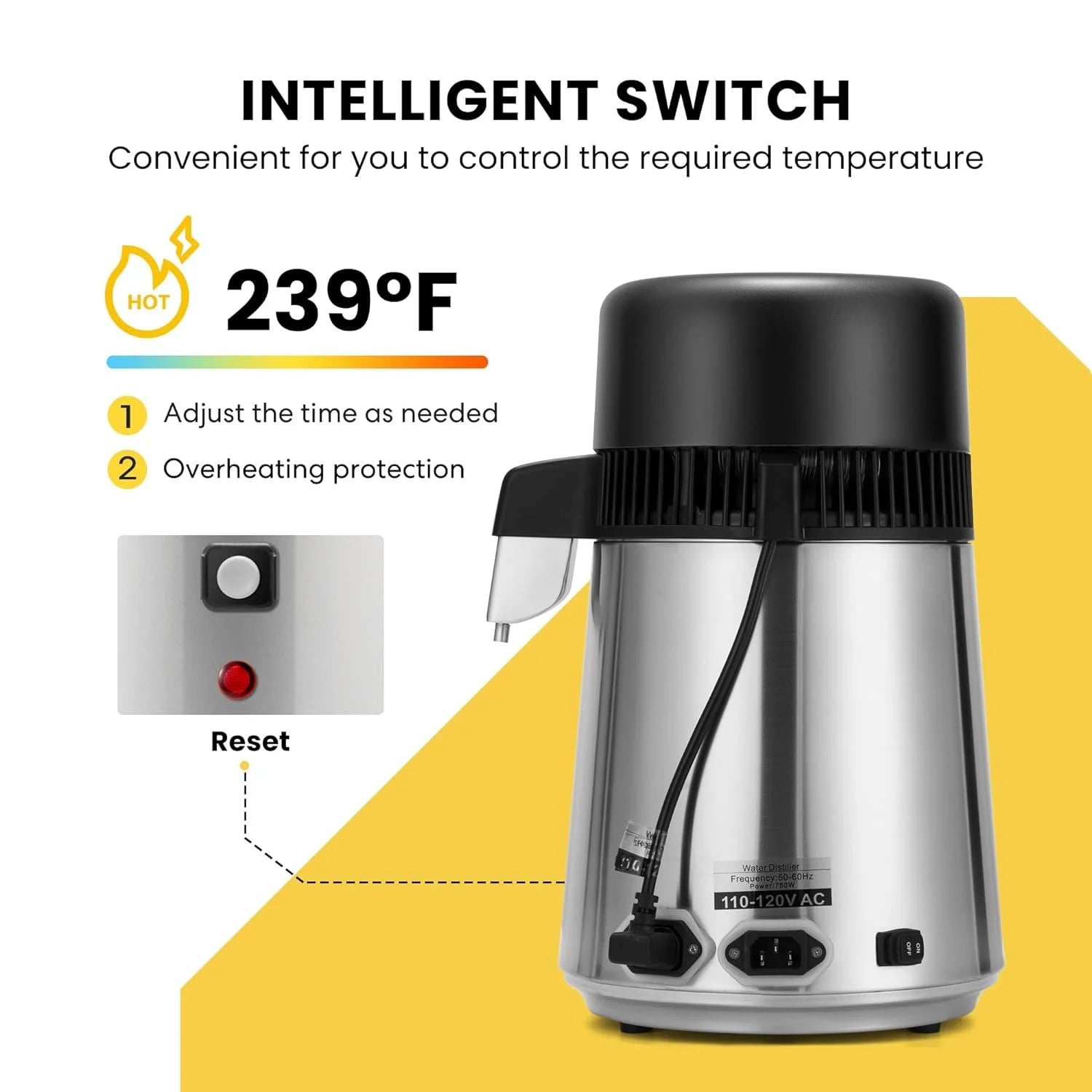 SPECSTAR Water Distiller Countertop 1.1 Gallon/4 L 304 Stainless Steel Distilled Water Machine with Smart Switch Purifier Filter for Home Office
