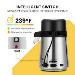 SPECSTAR Water Distiller Countertop 1.1 Gallon/4 L 304 Stainless Steel Distilled Water Machine with Smart Switch Purifier Filter for Home Office
