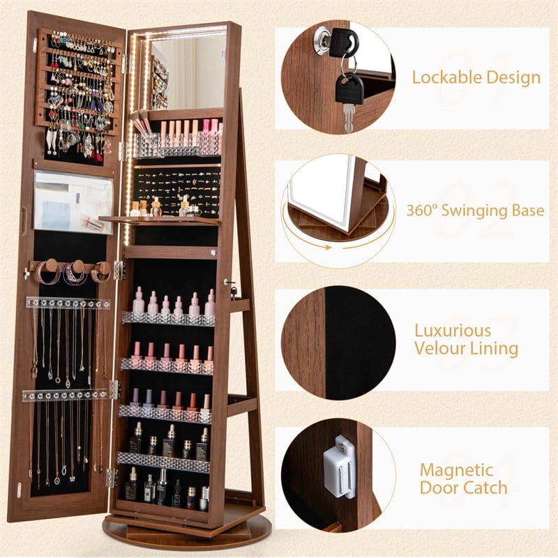 360° Swivel Jewelry Cabinet Armoire w/ Full Length Mirror 3-Color LED Lights & Rear Shelves, Lockable Standing Jewelry Storage Organizer