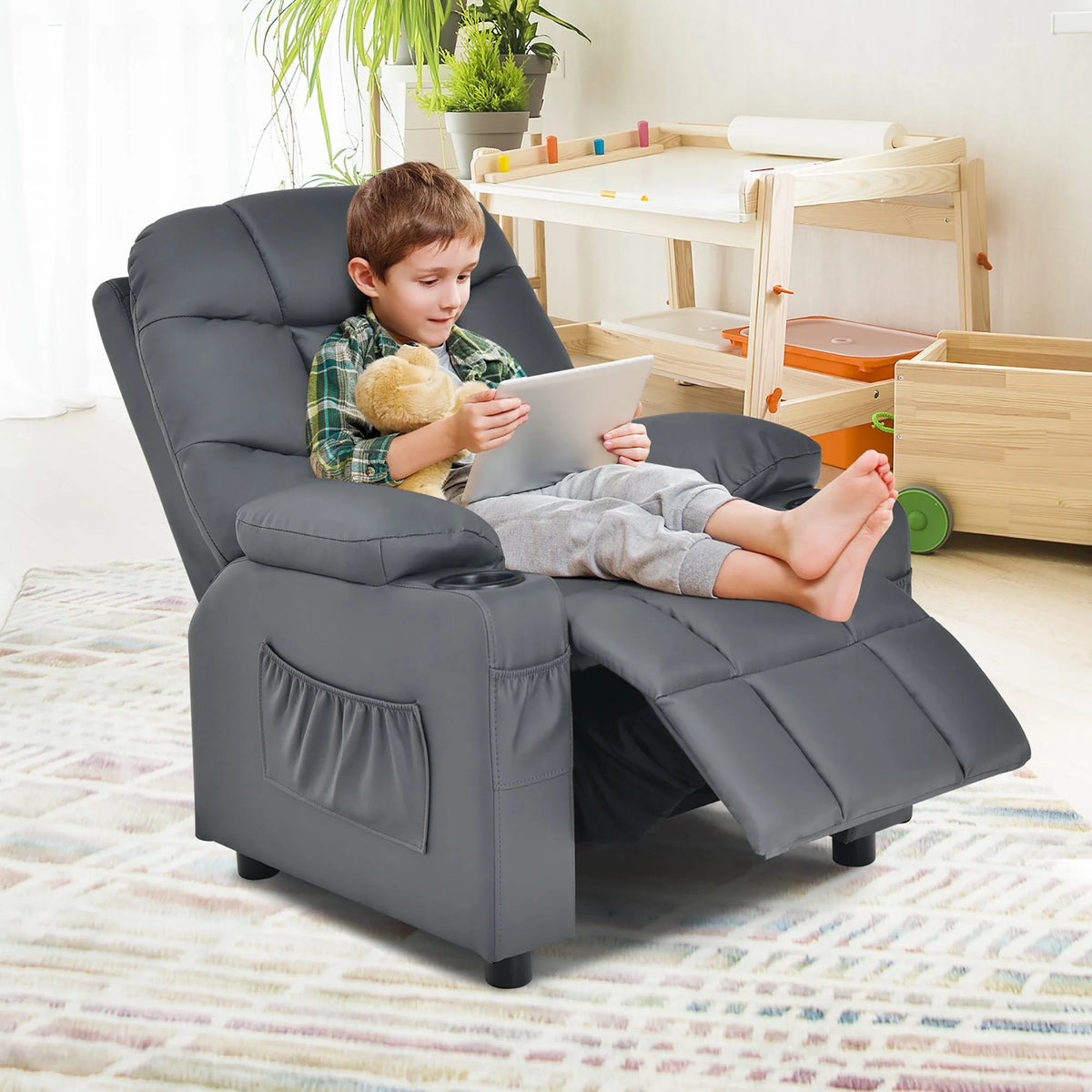 Costway Kids Youth Recliner Chair PU Leather W/Cup Holders & Side Pockets Grey
