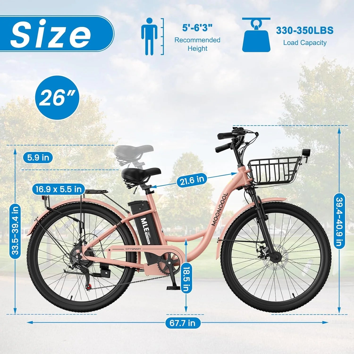 MOONCOOL Electric Bicycle for Adults 350W, 7 - Speed Ebike with 36V 10.4ah Removable Battery， 40 Miles Range, 20 Mph Electric Commuter Bike for Women Men, Certified to UL 2849 by SGS