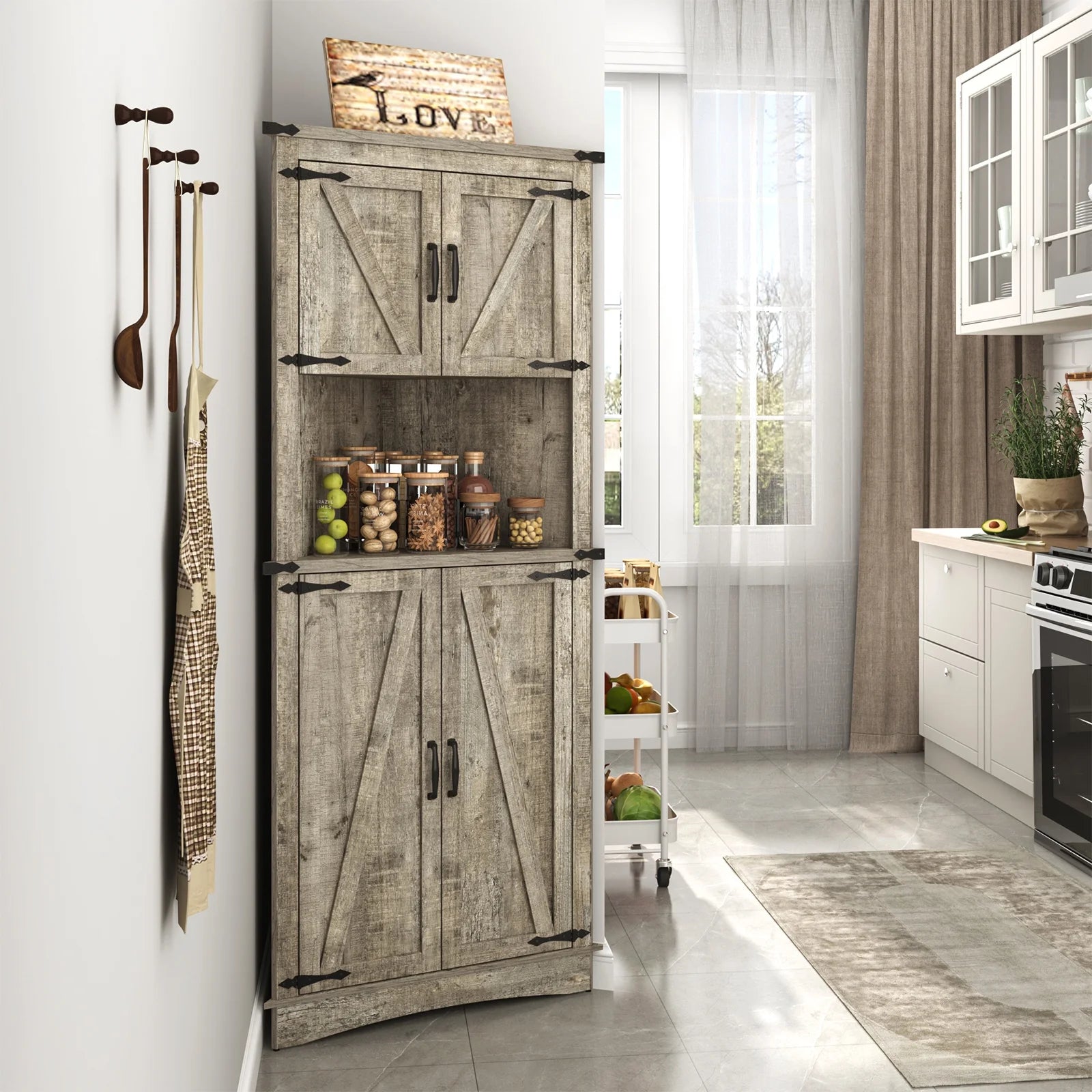 Blotout 68" Tall Farmhouse Corner Cabinet with 4 Doors, 28.3" W Barn Door Storage Cabinet with Adjustable Shelves, 5 Tier Corner Storage Cabinet for Bathroom, Living Room, Kitchen