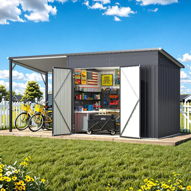 AECOJOY 6'x14' Outdoor Open-Sided Storage Shed with Attached Hardtop Metal Pergola