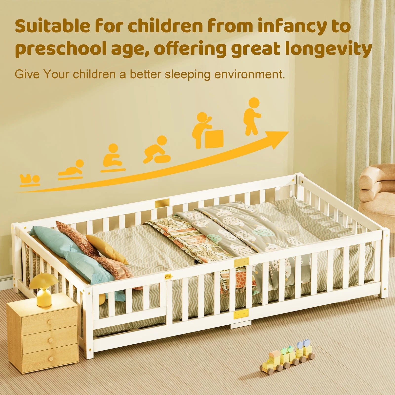 Slsy Twin Size Toddler Floor Bed, Solid Wood Montessori Bed Frame with Fence & Door Montessori Floor Bed Crib with Safety Guardrails for Girls and Boys
