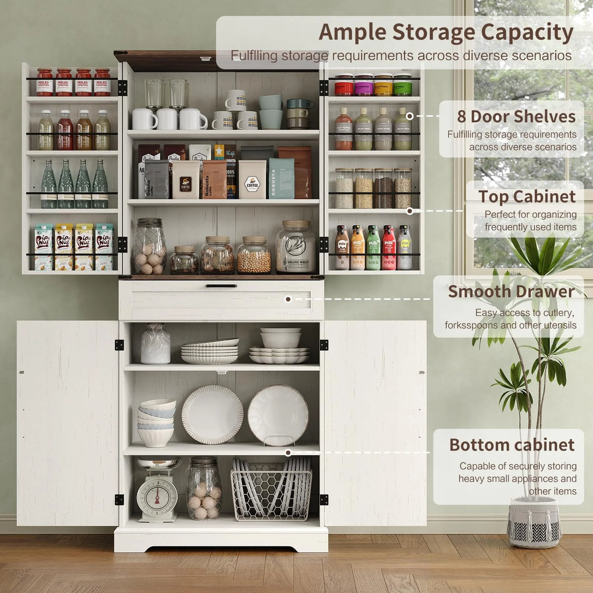 FUSOU 72'' Kitchen Storage Pantry Cabinet, Tall Storage Cabinet with 8 Door Shelves, 2 Cabinets and 1 Drawer, Freestanding Cupboard for Kitchen, Dining Room, Bathroom, Laundry