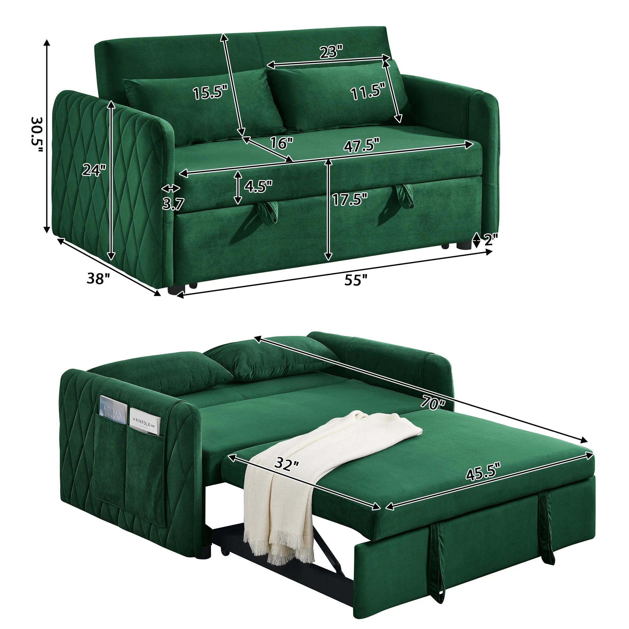 Convertible Sofa Bed, 3 in 1 Sleeper Sofa with 2 Pillows and Adjustable Backrest for Living Room Office, Black