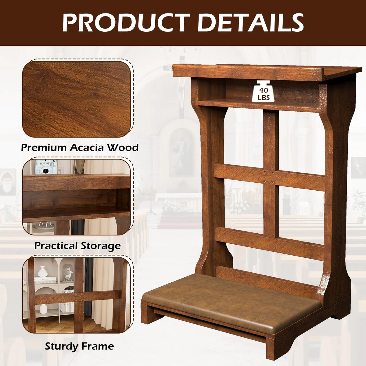 AECOJOY Acacia Wood Prayer Kneeler Bench with Storage Shelf & Soft Cushion, Comfortable Wooden Kneeling Meditation Seiza Stool for Praying