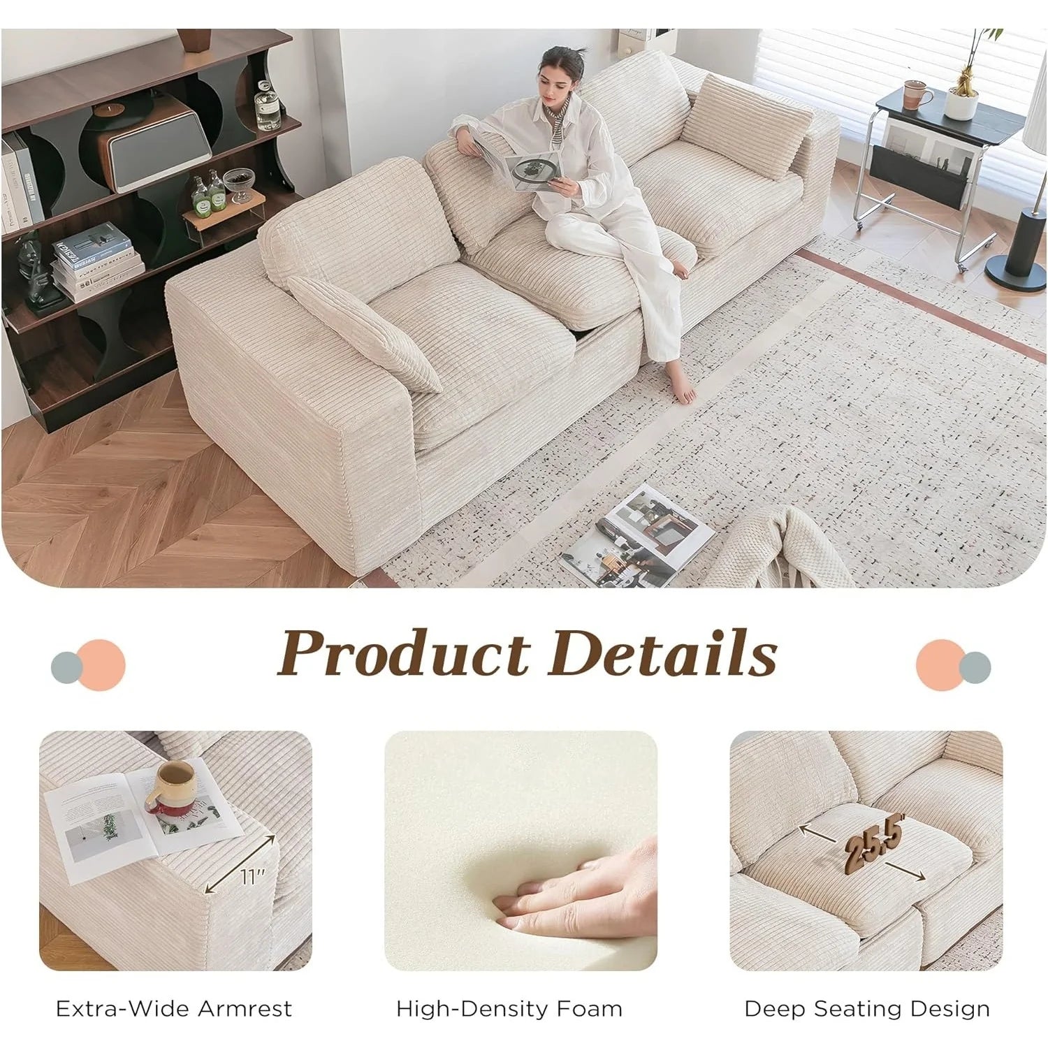 AECOJOY 110" Oversized Sofa for Living Room, 3 Seater Cloud Boneless Couch with Fluffy Seat Cushions