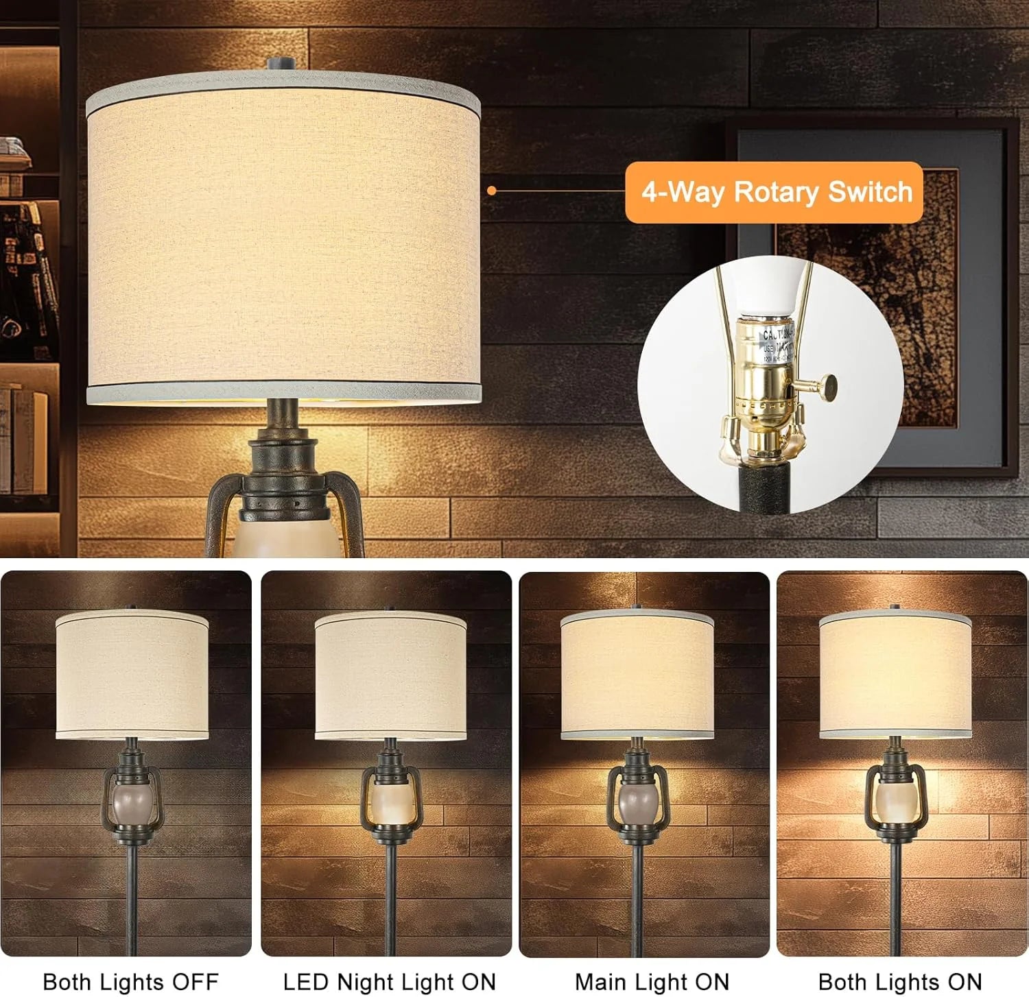 Farmhouse Metal Tray Floor Lamp for Living Room with Nightlight Vintage Tall Lamp with Linen Fabric Shade Industrial Standing Lamp for Bedroom Office Home House Study (Bulb Included)