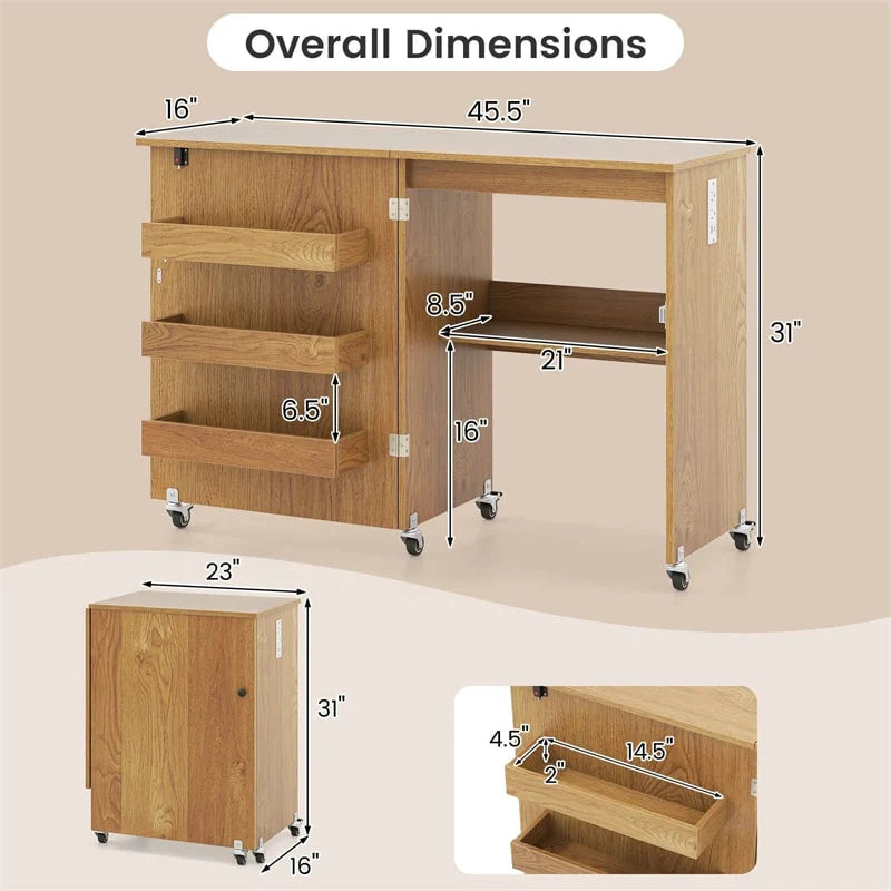 Folding Sewing Table with Charging Station, Rolling Craft Table w/ 3 Storage Trays & Shelf, Mobile Sewing Machine Cabinet for Small Spaces