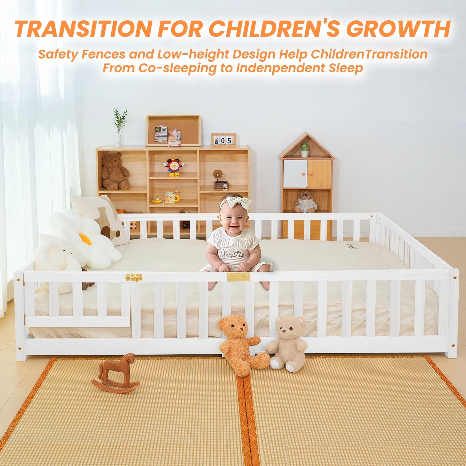 Slsy Twin Size Toddler Floor Bed, Solid Wood Montessori Bed Frame with Fence & Door Montessori Floor Bed Crib with Safety Guardrails for Girls and Boys