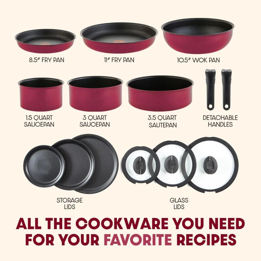 T - Fal Ingenio Expertise Nonstick 14 - Piece Cookware Set, Induction Oven Safe up to 500F, Detachable Handle, Onyx Black