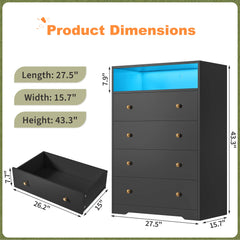 4 - Drawer Black Wood Dresser with LED Lights, Modern Chest of Drawers for Bedroom, Living Room
