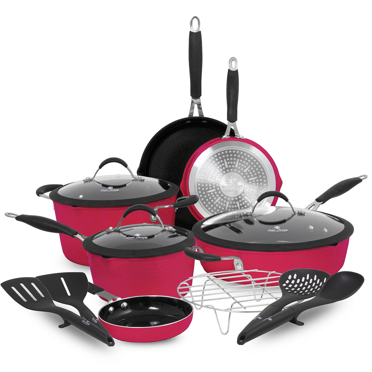 Paula Deen Family 14-Piece Ceramic, Non-Stick Cookware Set, 100% PFOA-Free and Induction Ready, Features Stay-Cool Handles, Dual Pour Spouts and Kitch