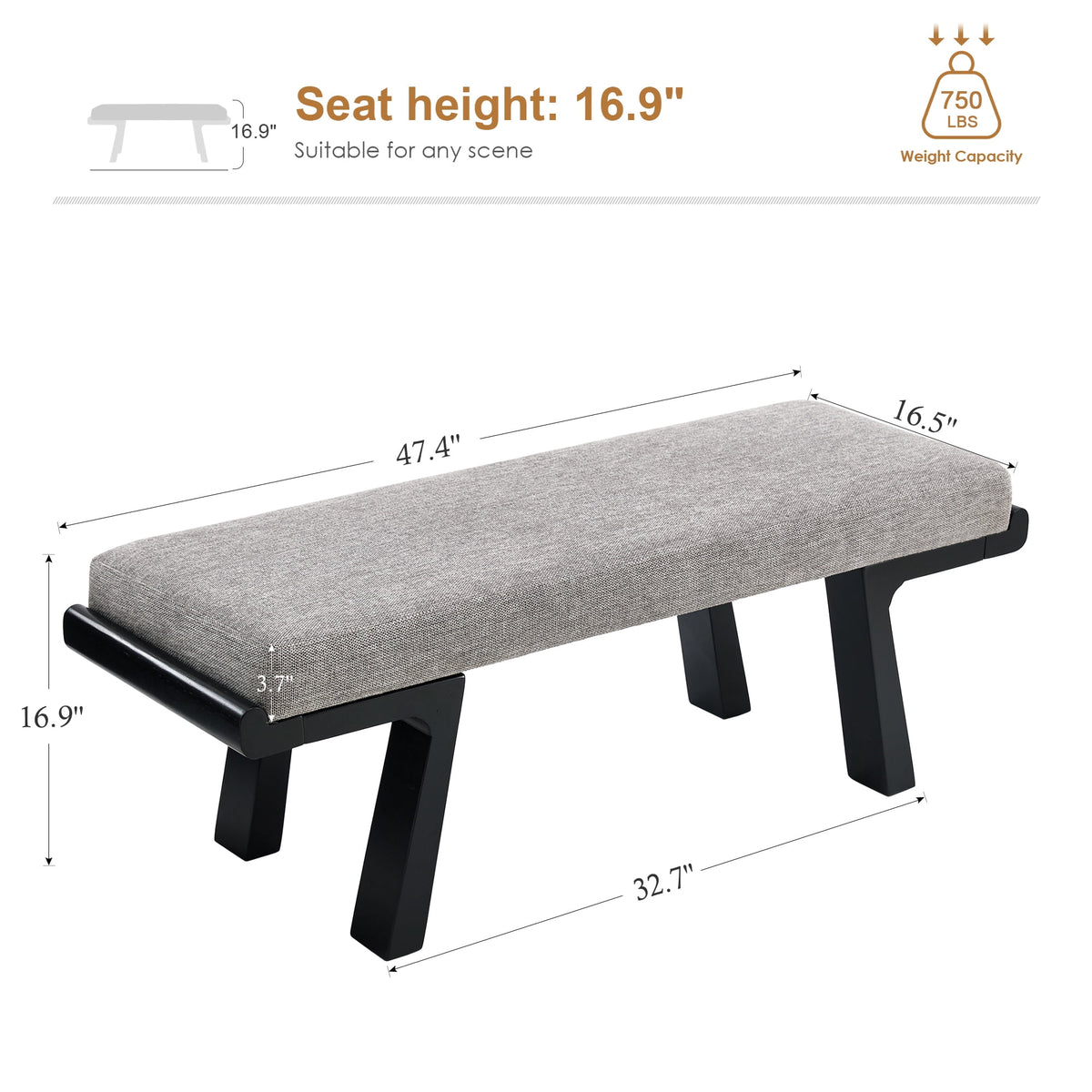 Zesthouse 47.4" Linen Upholstered Bench, Entryway Bench with Solid Wood Legs, Modern Ottoman Bench for Living Bedroom Room, Beige