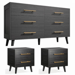 Noelse 3 Piece Bedroom Furniture Set, 6 Drawer Dresser with 2 Nightstands, Modern Wood Storage Organizer with Metal Handles for Bedroom, Living Room, Black