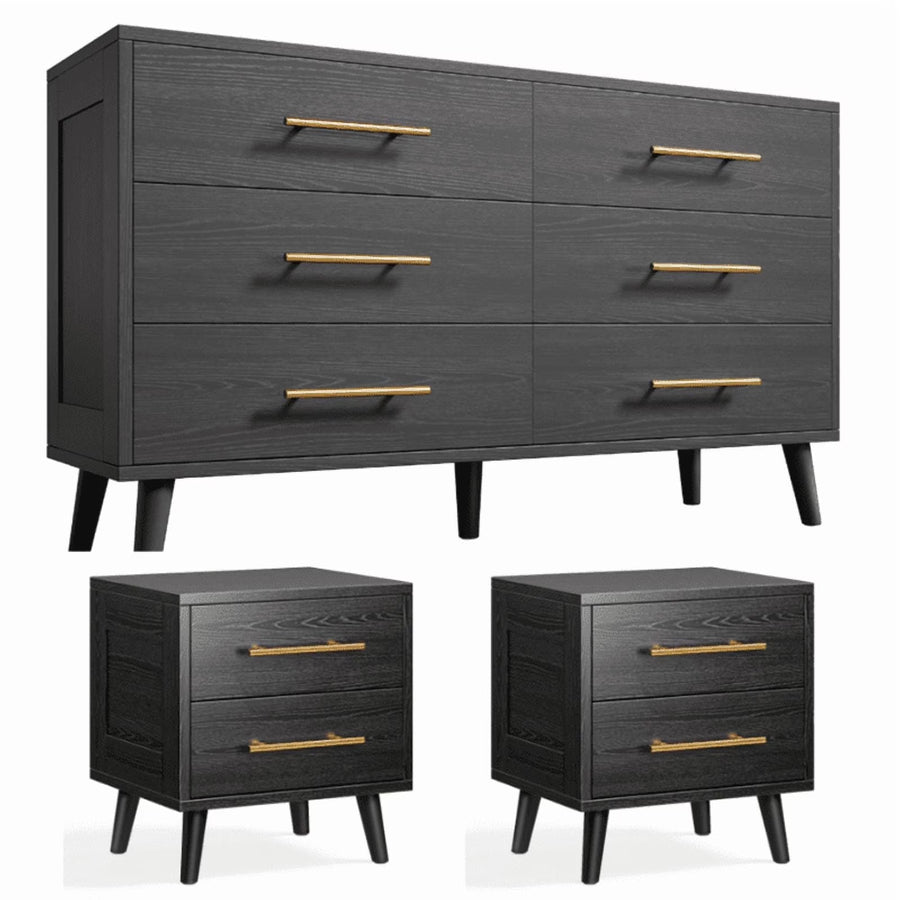 Noelse 3 Piece Bedroom Furniture Set, 6 Drawer Dresser with 2 Nightstands, Modern Wood Storage Organizer with Metal Handles for Bedroom, Living Room, Black