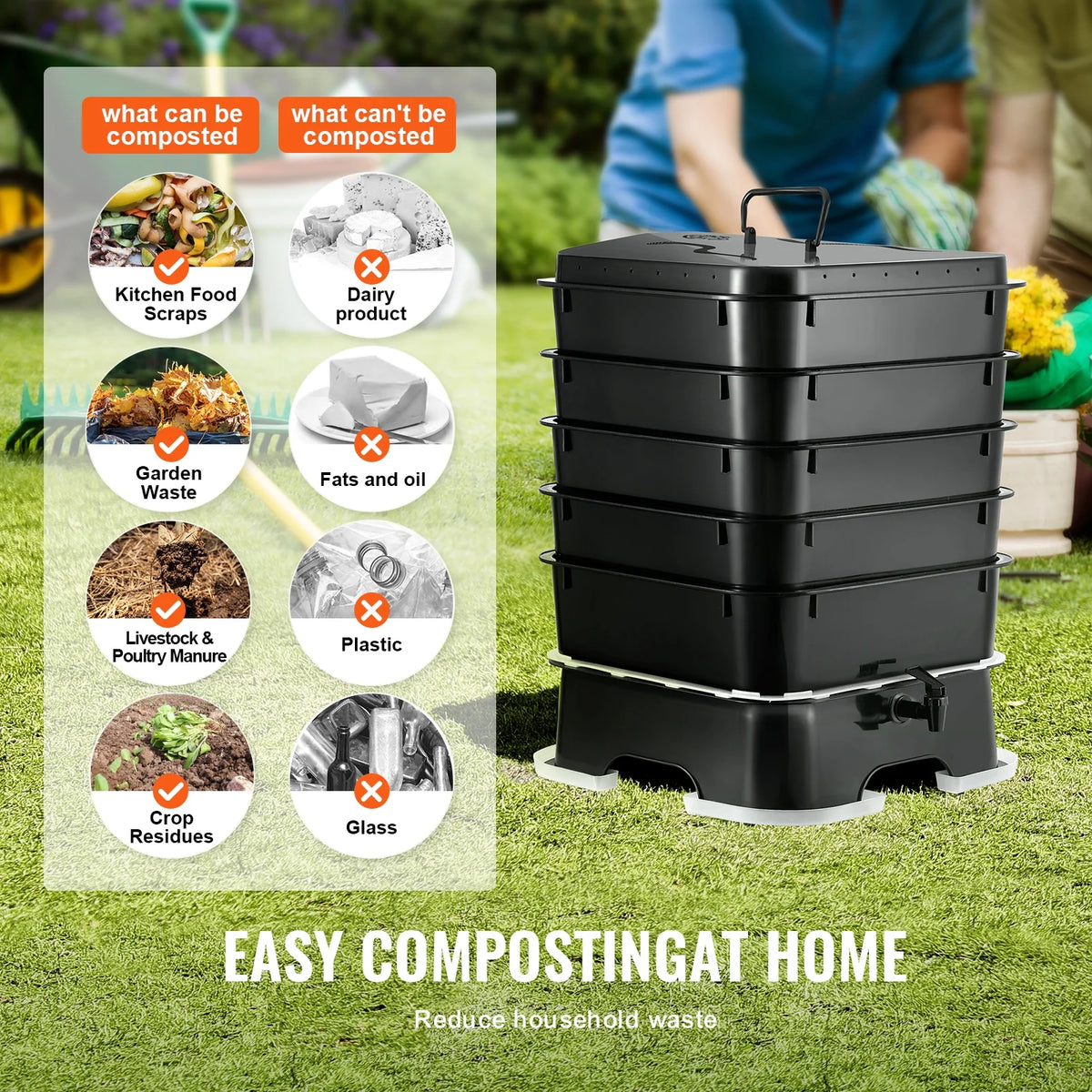 VEVOR 5 - Tray Worm Composter, 50 L Worm Compost Bin Outdoor and Indoor, Sustainable Design Worm Farm Kit, for Recycling Food Waste, Worm Castings, Worm Tea, Vermiculture and Vermicomposting