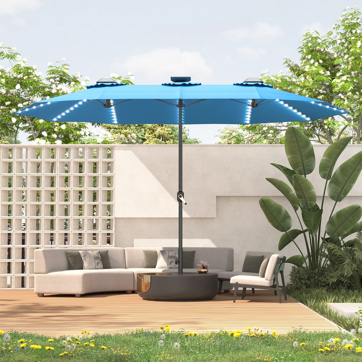 AECOJOY 15ft Patio Double-Sided Umbrella, 156 PCS Solar LED Light Outdoor Large Umbrella, Sky Blue