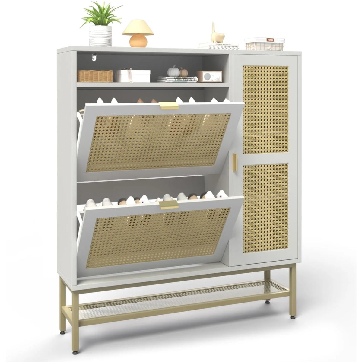 AECOJOY Rattan Shoe Cabinet with 3 Flip Drawers, Free Standing Shoe Storage Organizer with Adjustable Shelves, Fits 13 Shoes