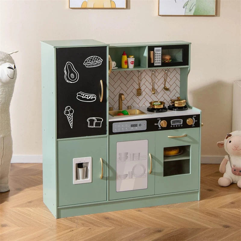 Large Wooden Kids Kitchen Playset, Little Chef Pretend Toy Kitchen Set w/Chalkboard, Microwave, Real Sounds & Lights for Toddlers Age 3+