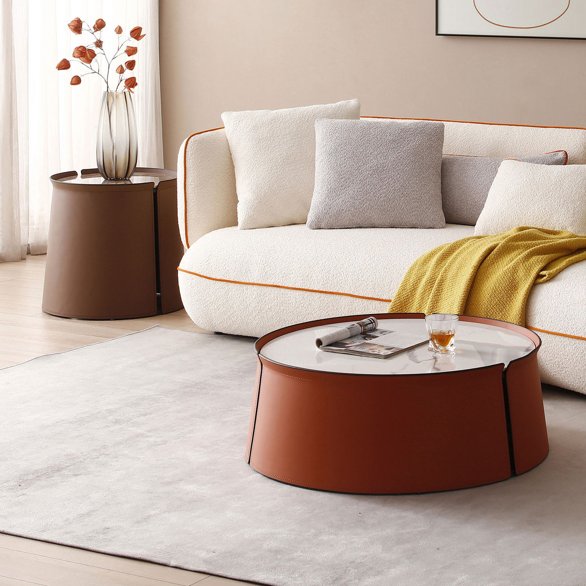 31.5 in Coffee Table, Marble Top+Orange Saddle Leather Body+Iron Frame