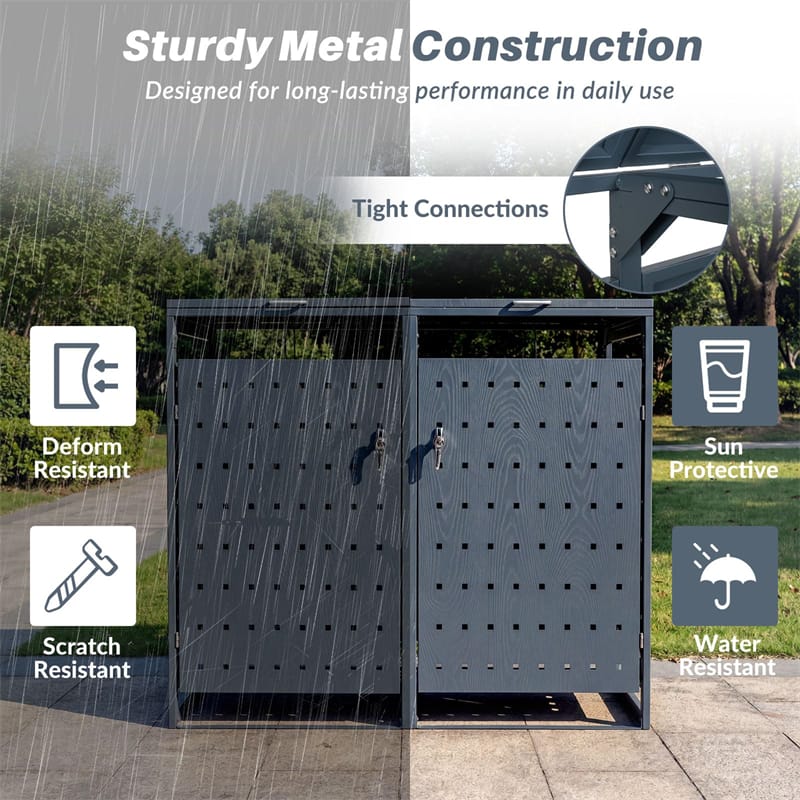Outdoor Metal Garbage Bin Storage Shed for 2 Trash Cans, 44 Cu.Ft Double Trash Can Enclosure w/ Gas Struts & Lockable Doors, Patio Garden Bin Cabinet