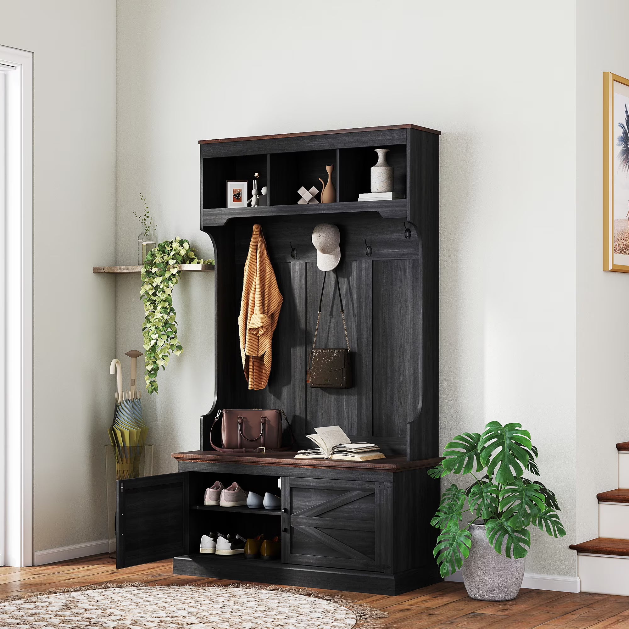 HOMCOM 3 - in - 1 Hall Tree with Shoe Storage, Standing Coat Rack with Shoe Bench, Entryway Furniture with Five Hooks, White Wood Grain