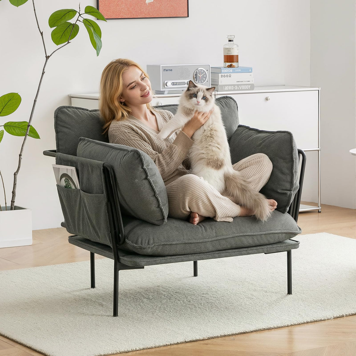 AECOJOY Modern Accent Chair Reading Chair with Pillow Upholstered Armchair for Adults