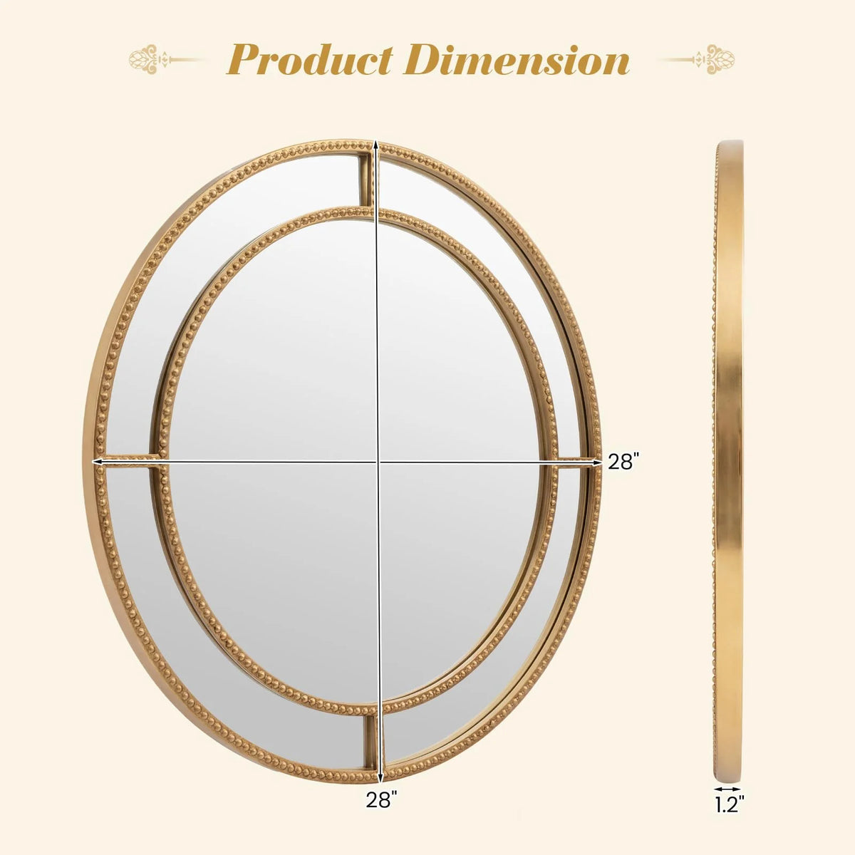 Tangkula 28" Gold Round Wall Mirror | Circle Decorative Modern with Beaded Frame for Living Room