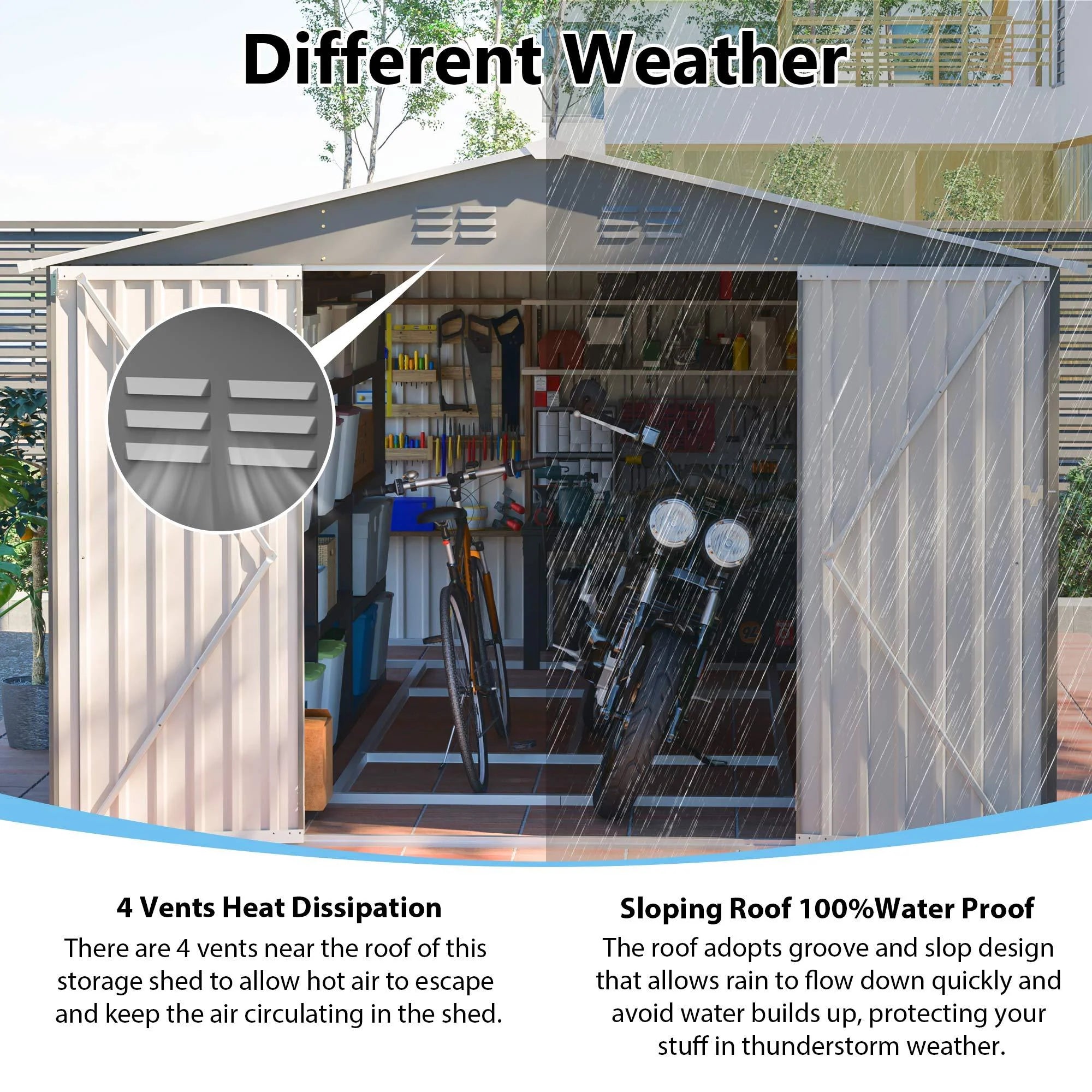 AECOJOY 10x14 FT Outdoor Metal Storage Shed, Large Garden Shed Tool Shed with 3 Lockable Doors & Side Door