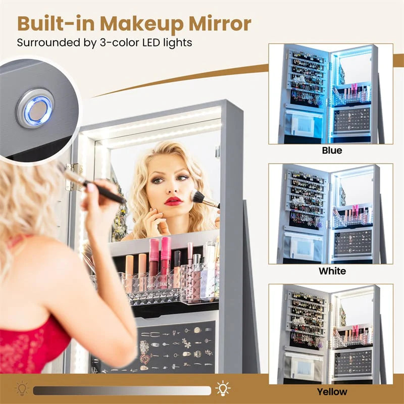 360° Swivel Jewelry Cabinet Armoire w/ Full Length Mirror 3-Color LED Lights & Rear Shelves, Lockable Standing Jewelry Storage Organizer