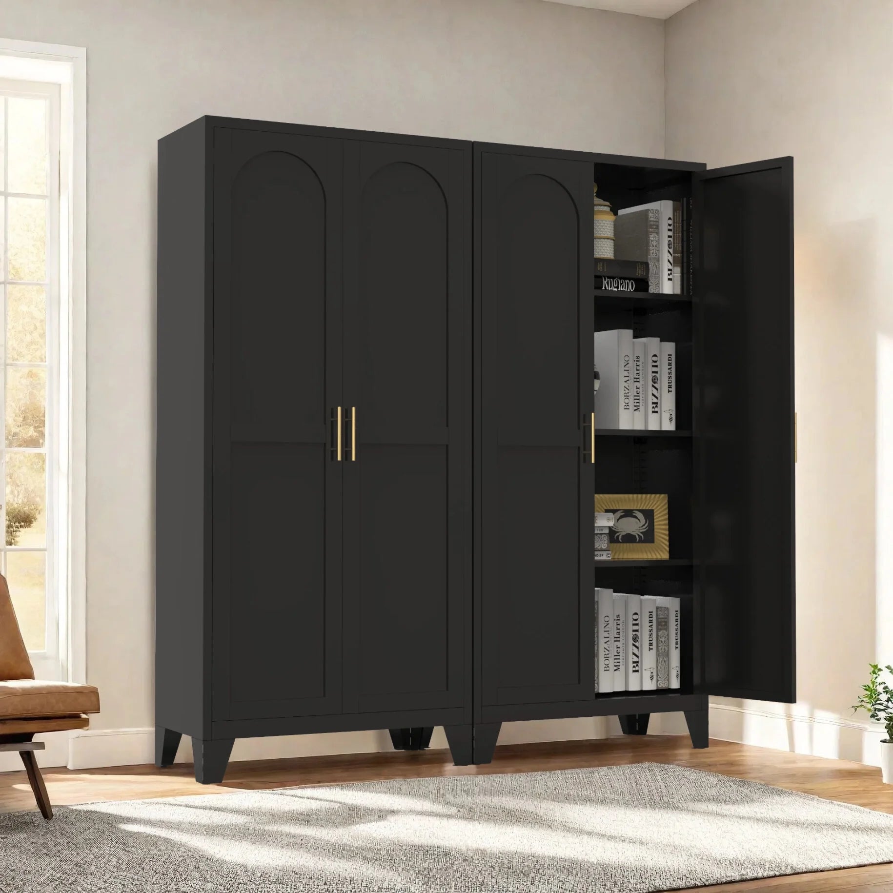 Metal Storage Cabinet with Doors and Adjustable Shelves, 71'' 2 Shapely Doors Cabinet, 5 - Tier Tall Steel Locker for Bedroom, Living Room, Office, Home, White