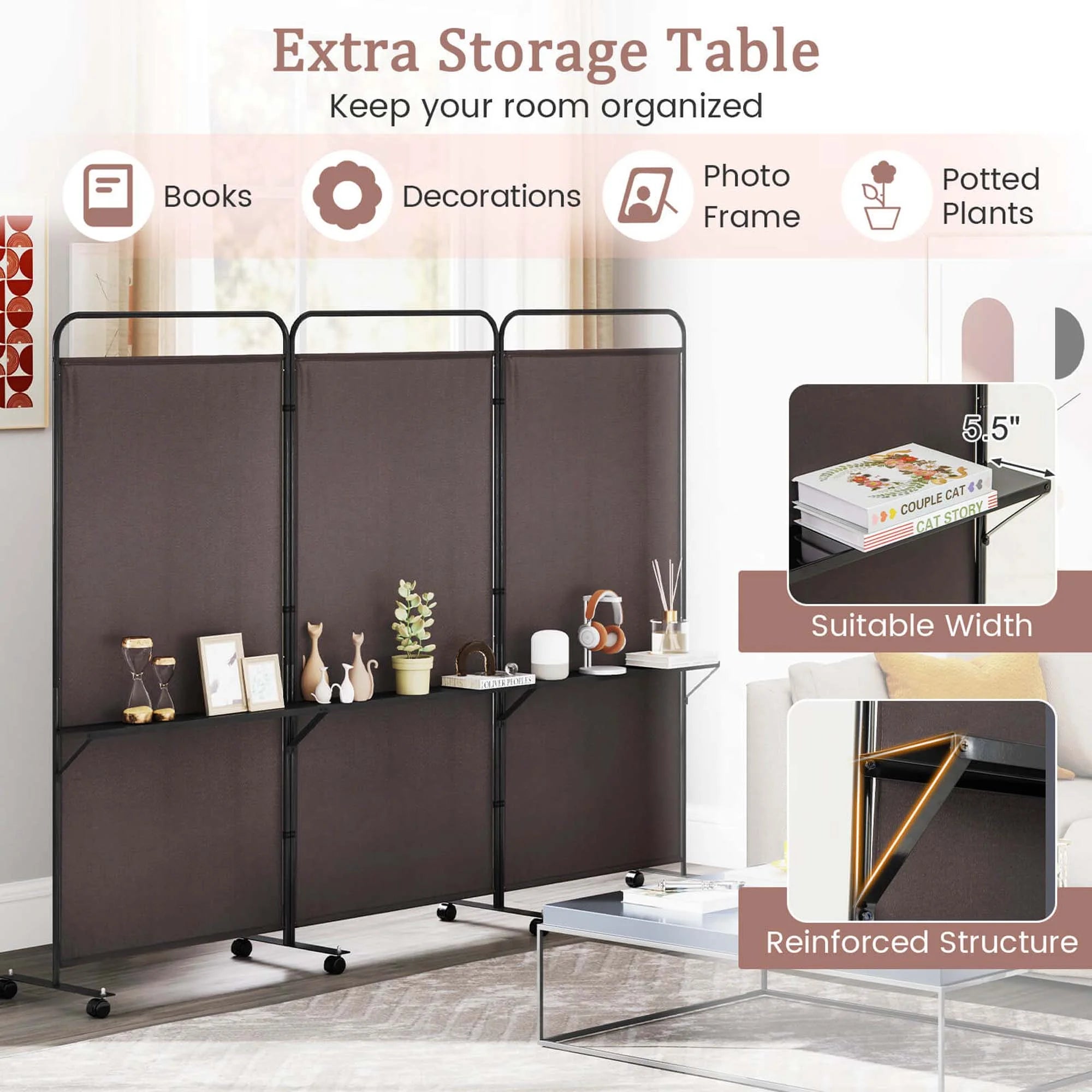 Costway 3 - Panel Room Divider with Storage Shelves 6FT Tall Folding Privacy Screen on Wheels Black