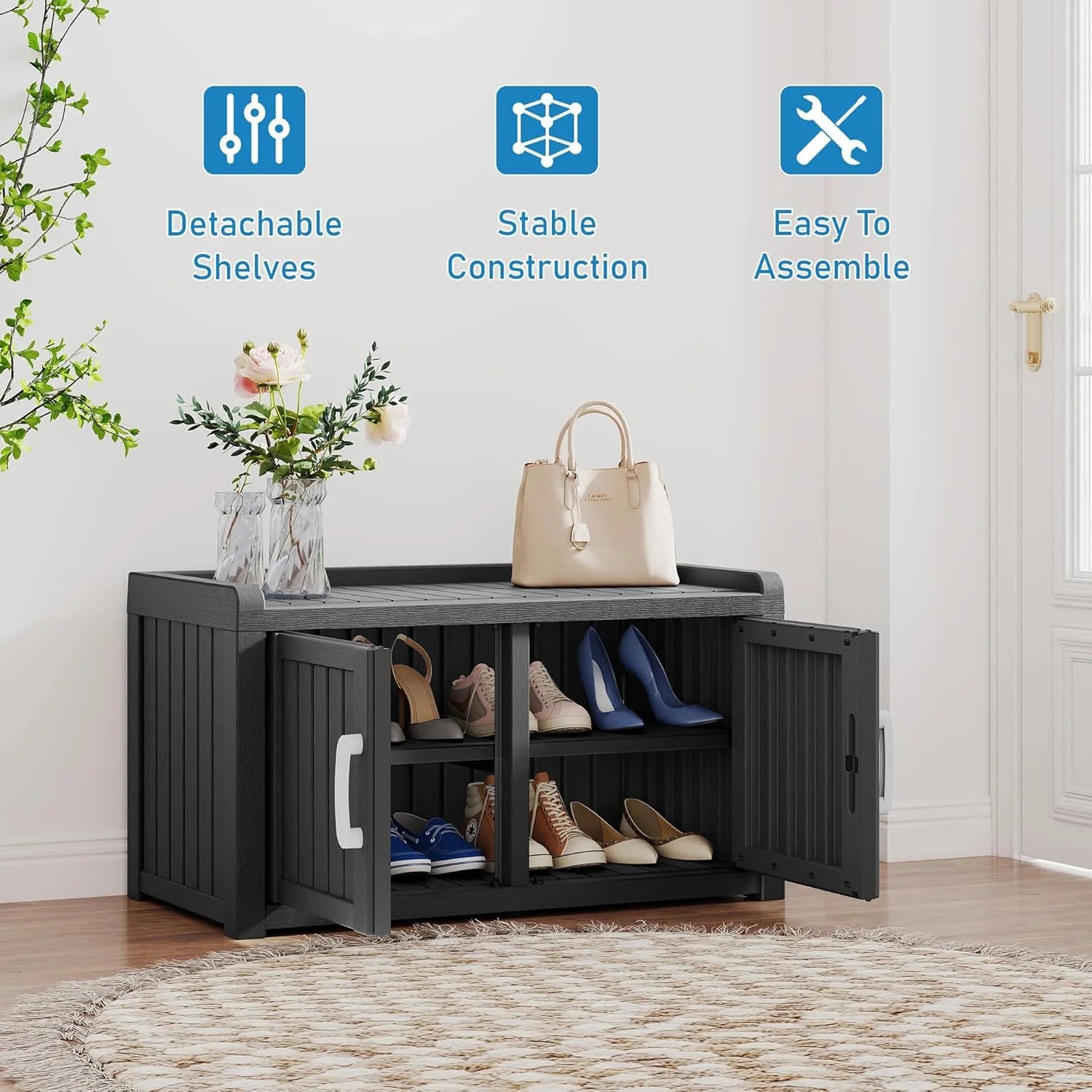 KAMABOKO Outdoor Shoe Storage Cabinet, Waterproof UV - Resistant Entryway Storage Bench Indoor Outdoor with 2 Barn Doors, Adjustable Shelves for Entryway, Bedroom, Hallway, Living Room(Black)