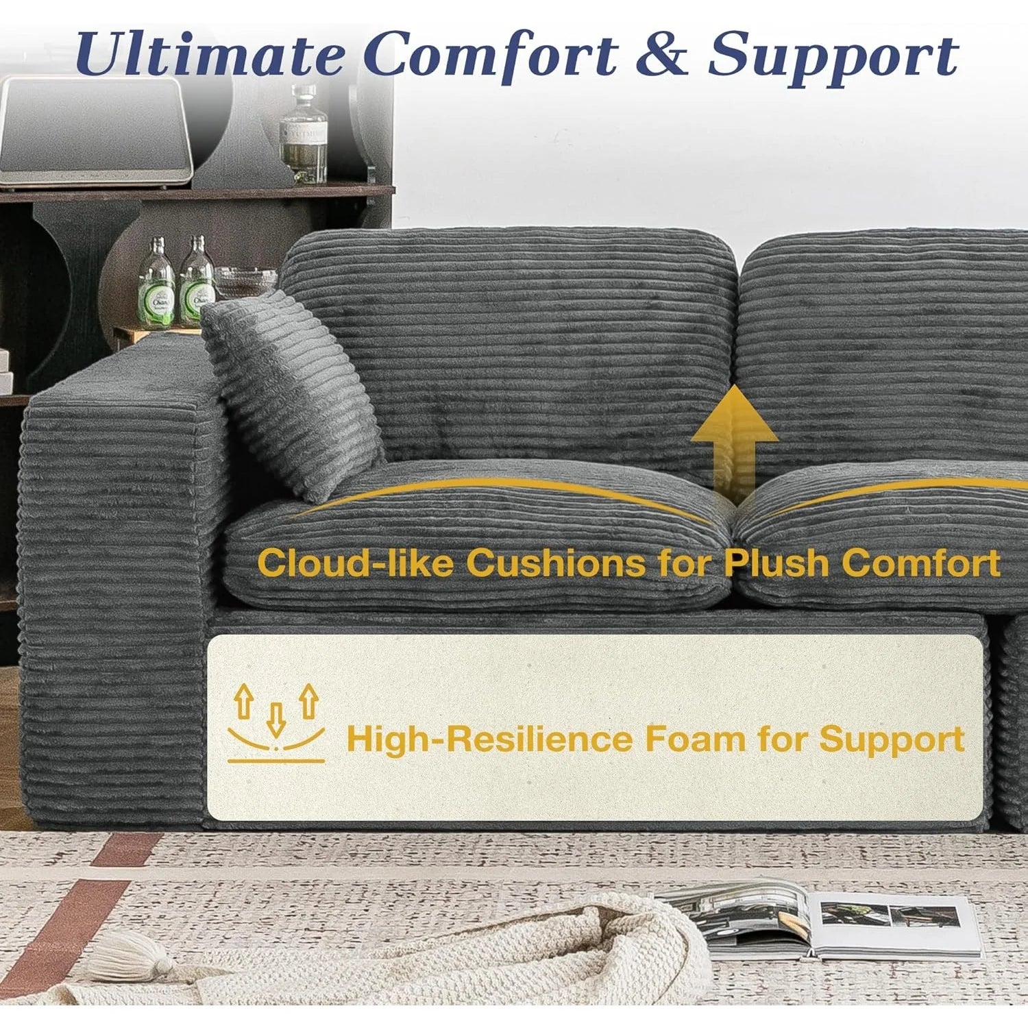 AECOJOY 110" Oversized Sofa for Living Room, 3 Seater Cloud Boneless Couch with Fluffy Seat Cushions