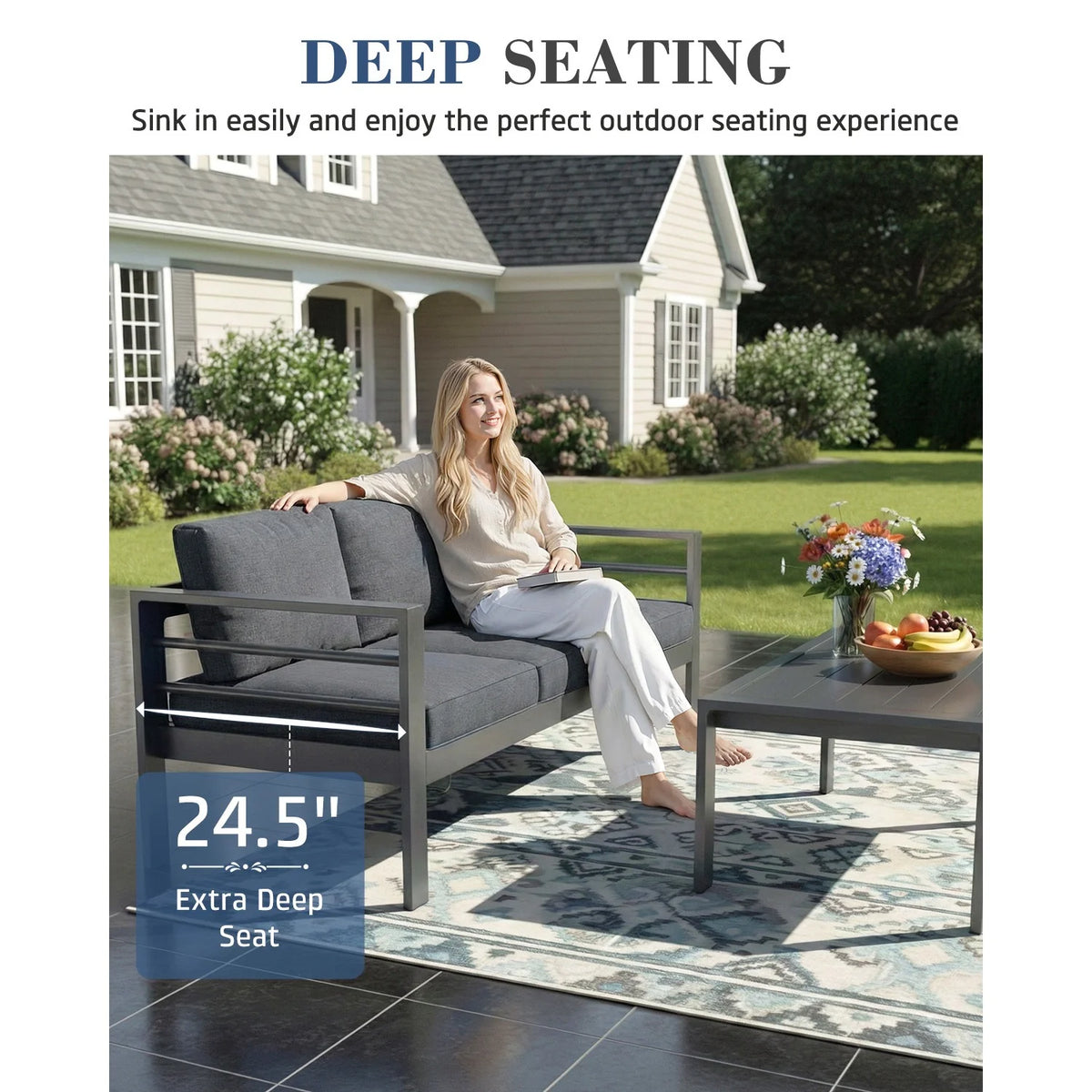 AECOJOY Aluminum Patio Furniture Set, 5 Pieces Outdoor Sectional Sofa Set, Dark Gray