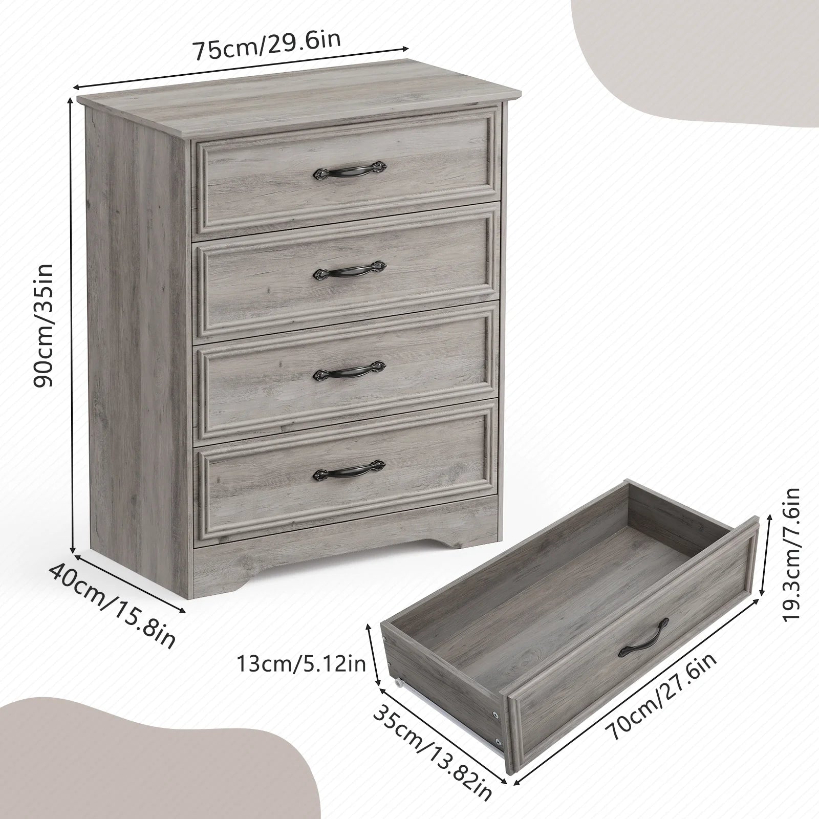 Holliwill 4 Drawer Dressers for Bedroom, Modern Wood Chest of Drawers Storage Cabinet for Living Room, Hallway, Gray