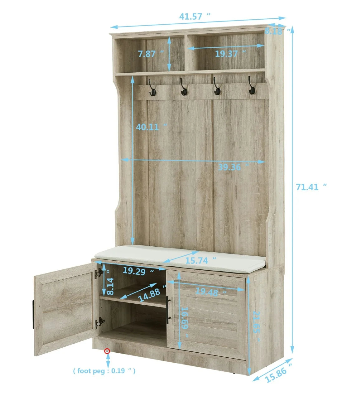 Entryway Hall Tree with Storage Bench, Wooden Coat Rack with Sponge Pad and 4 Dual Hooks, Storage Shelf Organizer with 2 - Door Cabinet for Entryway, Bedroom, Easy to Assemble