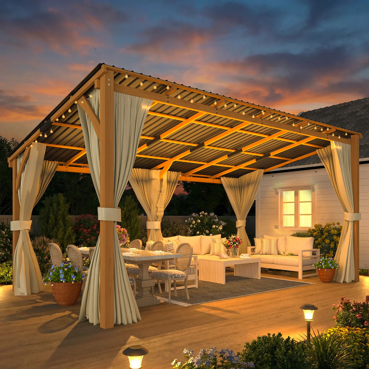 AECOJOY 16x10 Outdoor Wooden Pergola Gazebo with Curtains and Netting for Patio