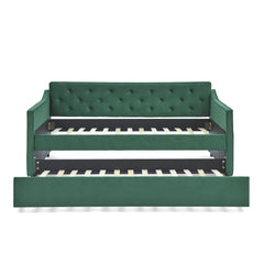 Twin Size Daybed with Trundle, Modern Button Tufted Linen Upholstered Sofa Day Bed Frame with A Roll - Out Trundle, Bedframe Furniture for Bedroom Living Room Guest Room, Green