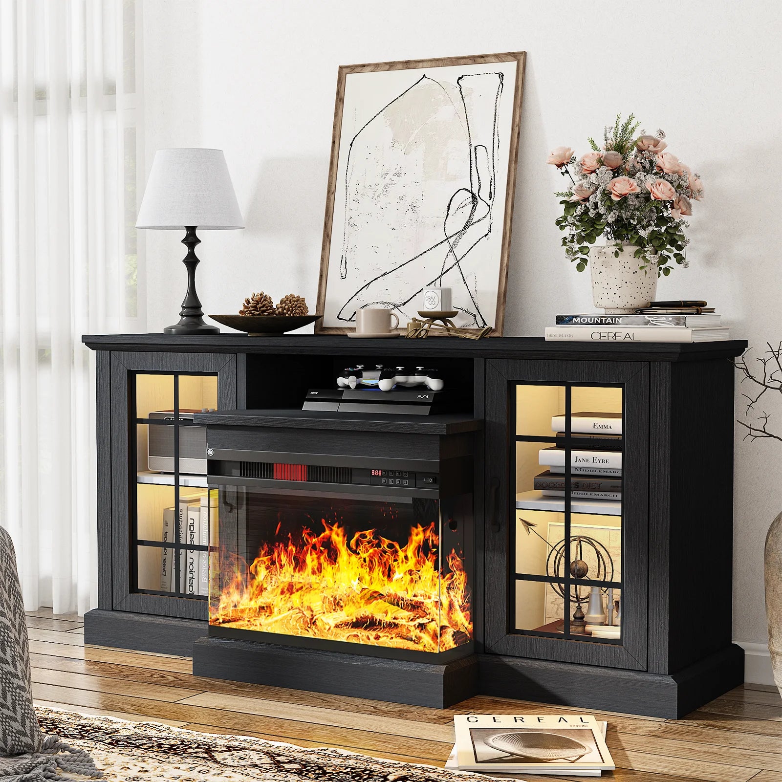 Easoger Fireplace TV Stand for Tvs up to 65", 12 Flame Colors&12 LED Light Colors, TV Console with 3-Sided Glass Fireplace, for Living Room, Gray