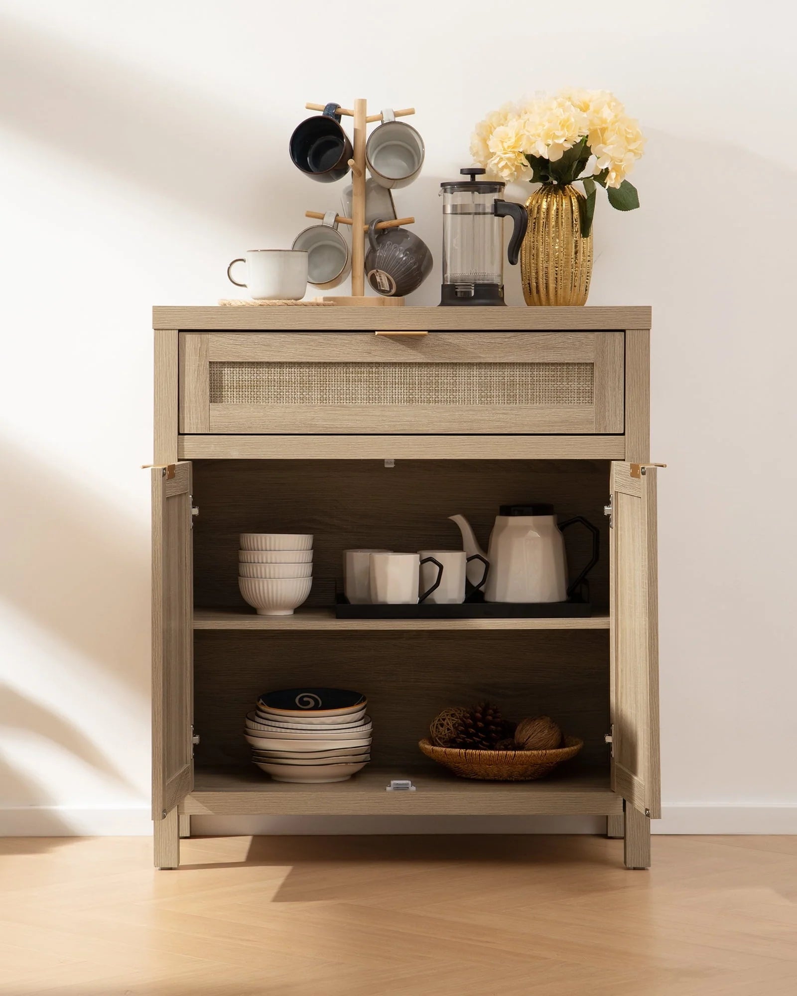 Nopurs Rattan Sideboard Buffet Cabinet Set of 2, Boho Storage Cabinet Buffet Table with Doors and Drawer, Coffee Bar Cabinet for Kitchen Entryway Living Dining Room, Light Oak