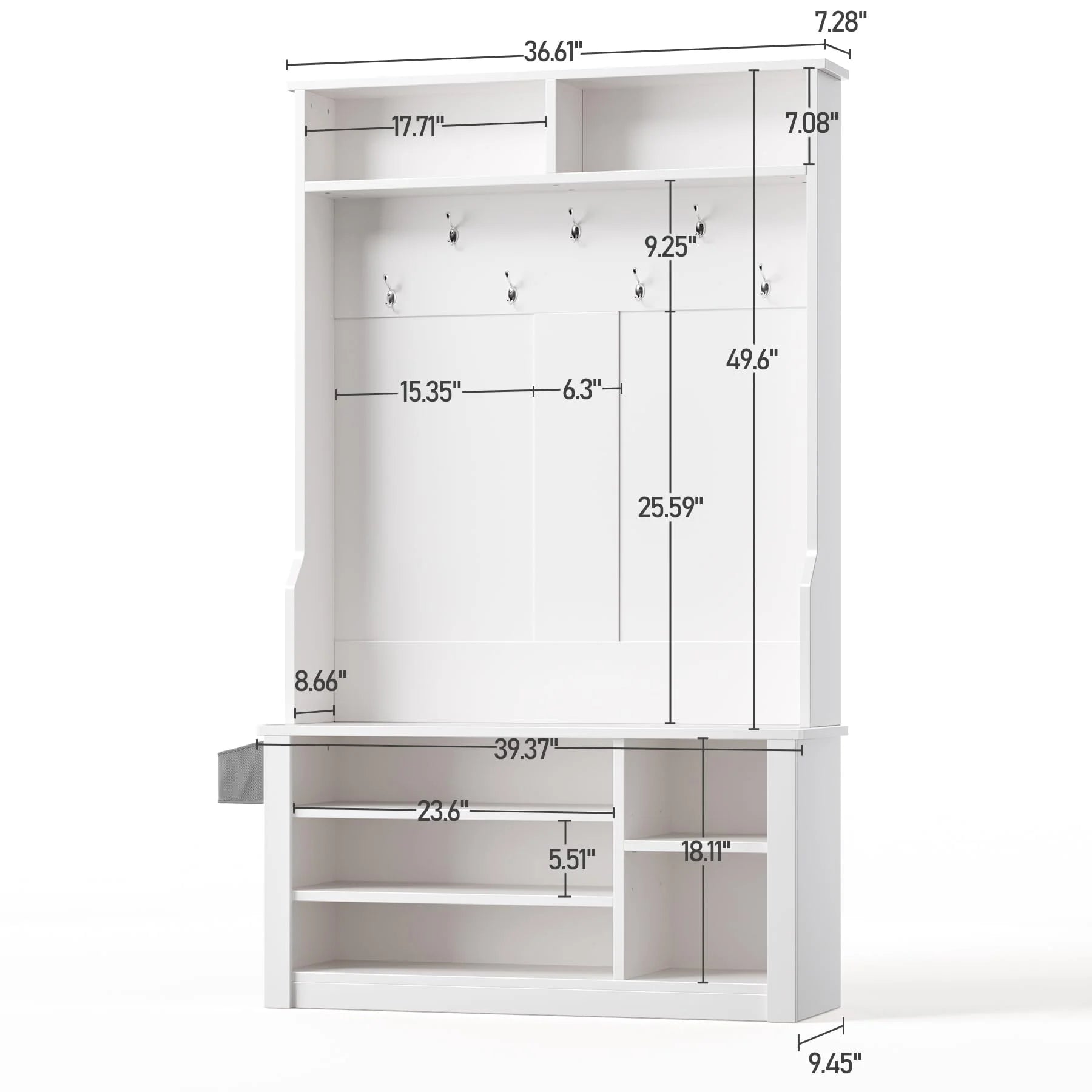 Lofka 5 - in - 1 Hall Tree with Bench and Shoe Storage, Entryway Hall Tree with Coat Rack, Adjustable Shoe Storage, 2 - Tier Top Storage, White