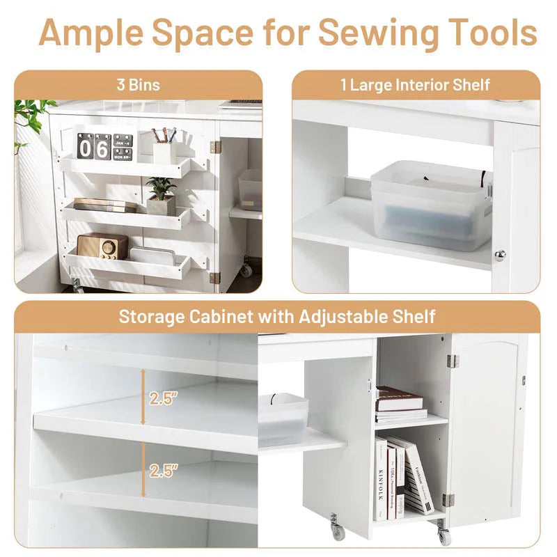 62.5" Folding Sewing Table Rolling Craft Station with Storage Cabinet & Shelves, Foldable Sewing Machine Desk w/ Lockable Wheels for Home