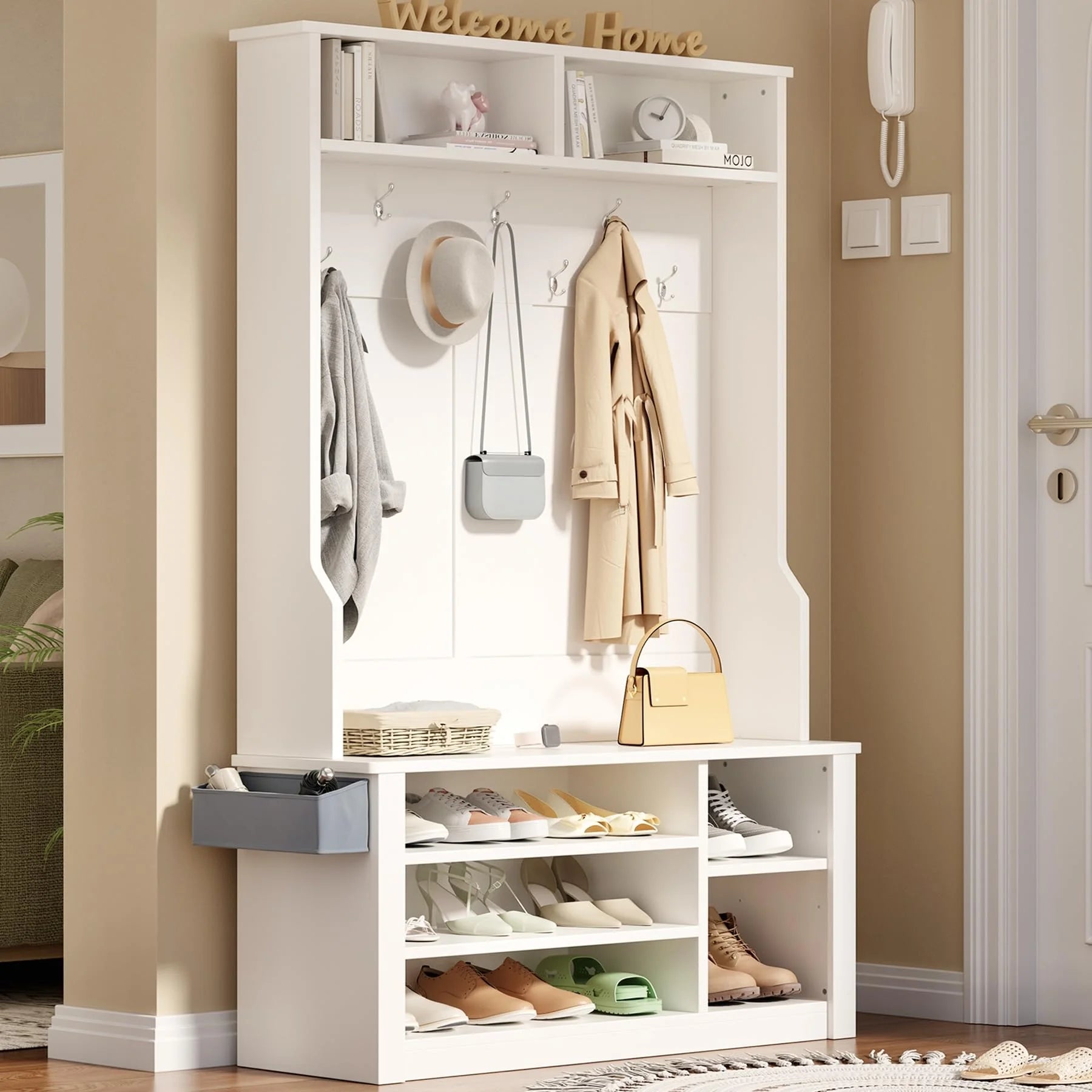 Lofka 5 - in - 1 Hall Tree with Bench and Shoe Storage, Entryway Hall Tree with Coat Rack, Adjustable Shoe Storage, 2 - Tier Top Storage, White