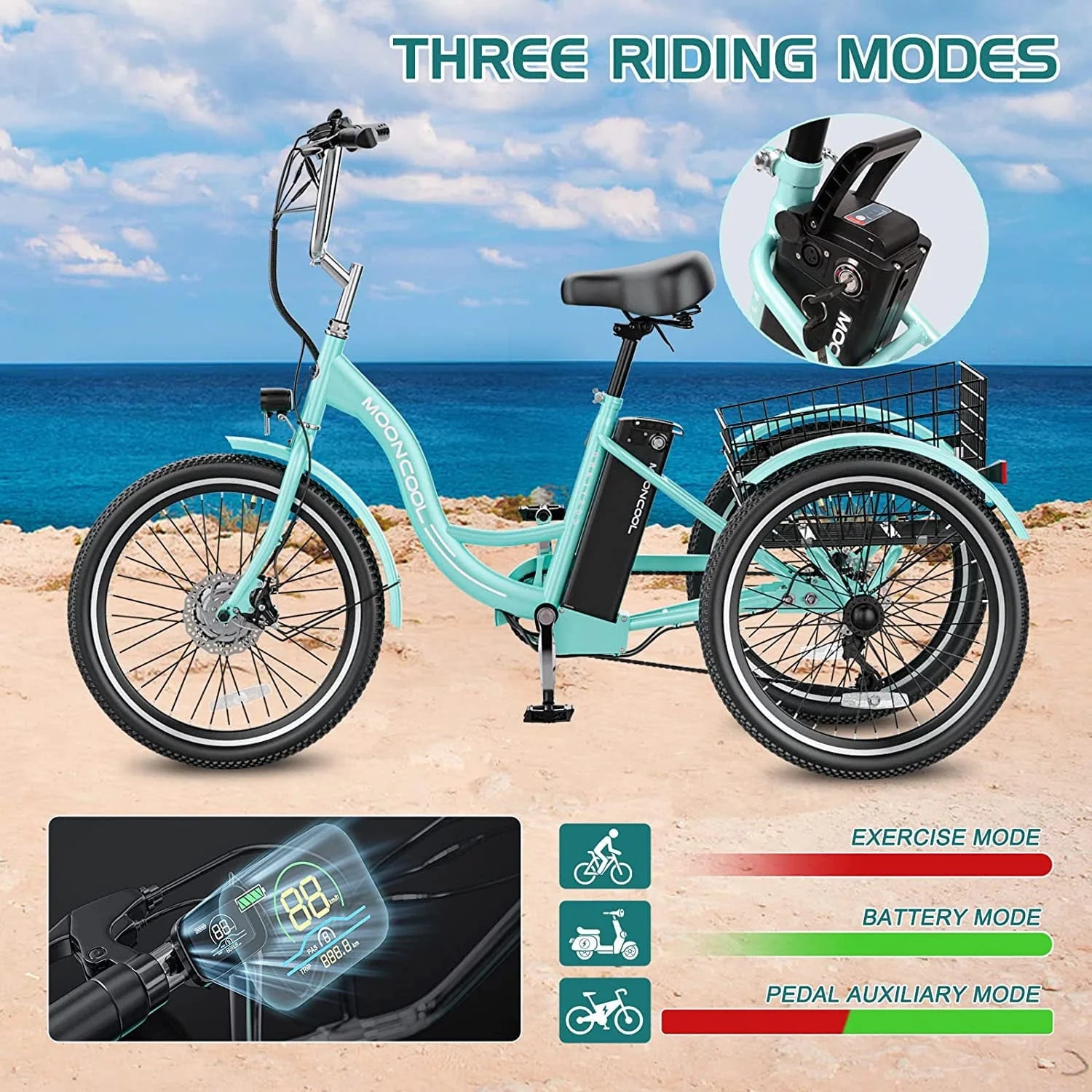 MOONCOOL Electric Tricycle, 350W 36V 24 in 7 Speeds 3 Wheels Electric Bikes for Adults, Motorized Electric Trike Three Wheel Electric Bicycle